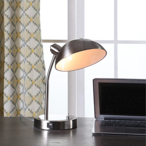 13.75 In. Leone Flexible Silver Metal Desk Lamp w/ USB Port