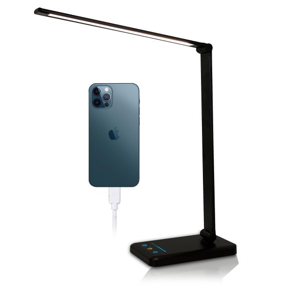 LED Desk Lamp with USB Charging Port Aluminum Construction (Black) - 16 x 7 x 4