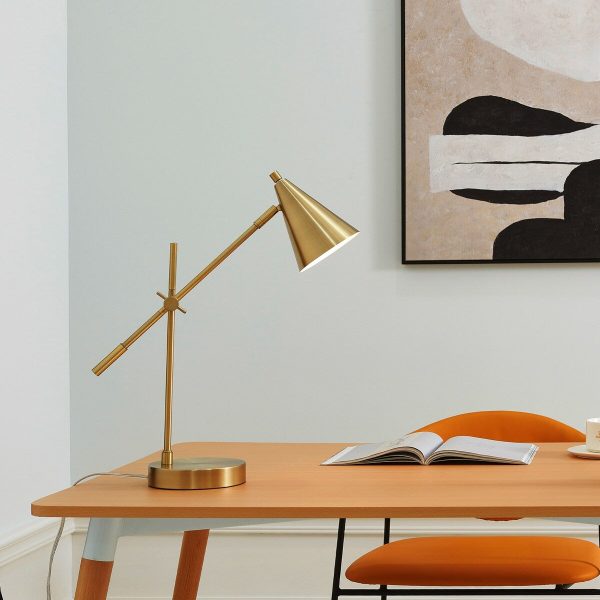 Novogratz x Globe Tacoma 18 Desk Lamp. Matte Brass. Adjustable Height. Balance Arm. Brass. Rotary Switch on Shade