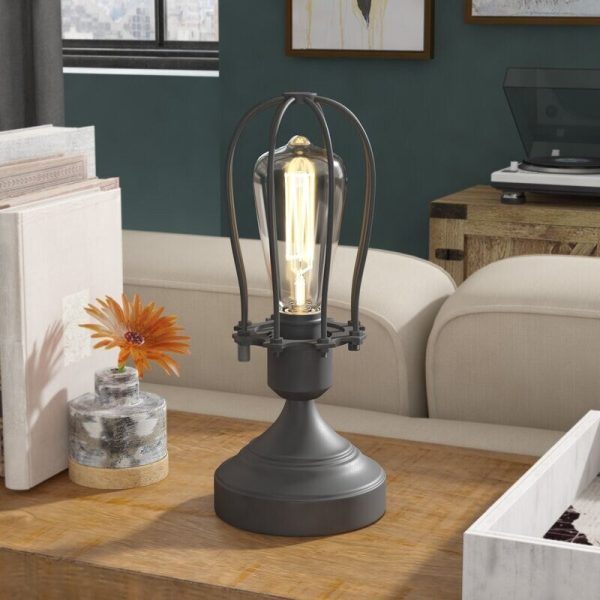 Industrial Cage Table Lamp with Bulb. 11.5 inch Tall. Charcoal Gray