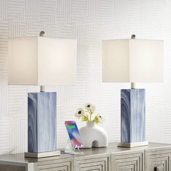 Table Lamps 25 Tall Set of 2 with USB Charging Ports Blue Faux Marble White Rectangular Shade for Bedroom Living Room