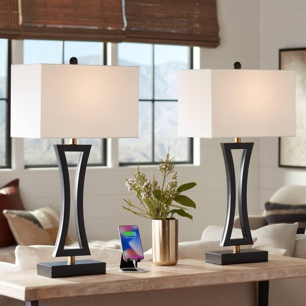 Table Lamps 31 Tall Set of 2 with USB Charging Port Black Metal White Fabric Rectangular Shade for Living Room Bedroom